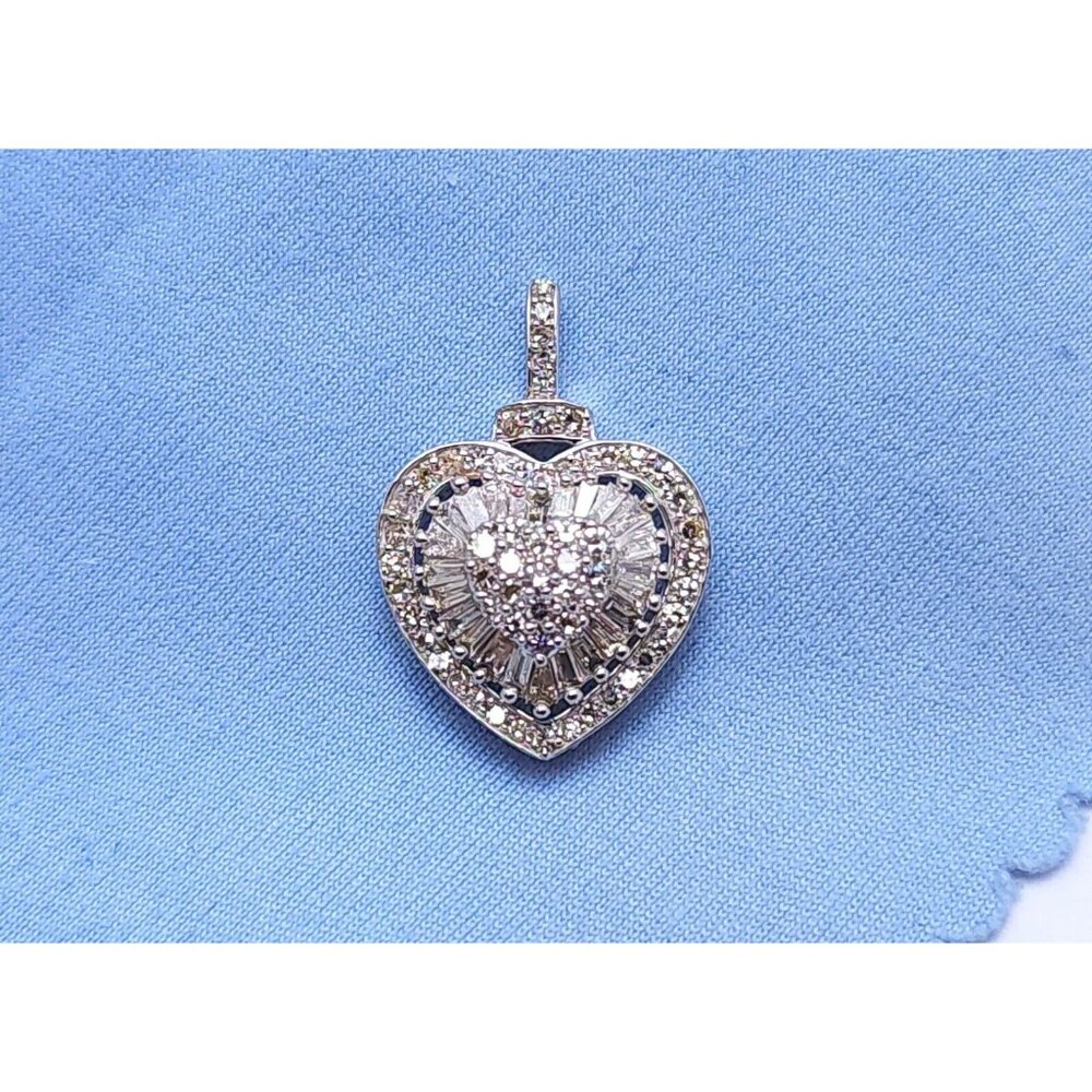 Unique 14K Karat Solid White Gold Round & Baguette Diamond Heart Charm Pendant